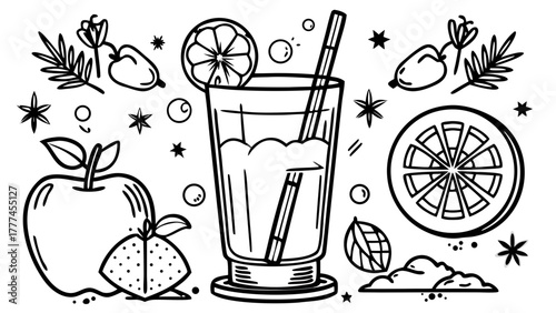 Very beautiful cider cocktail featuring raw apple vinegar, elegantly topped with a fresh apple slice, surrounded by stylish bar tools and space for text, perfect for beverage advertising design.