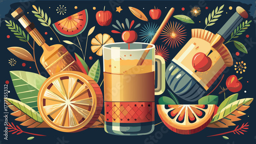 Very beautiful cider cocktail featuring raw apple vinegar, elegantly topped with a fresh apple slice, surrounded by stylish bar tools and space for text, perfect for beverage advertising design.