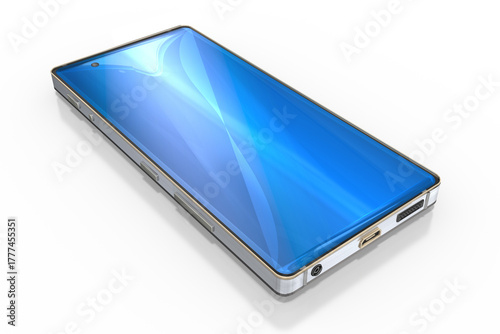 3d Smartphone, Handy mit blauen Bildschirm liegend freigestellt auf transparenten Hintergrund