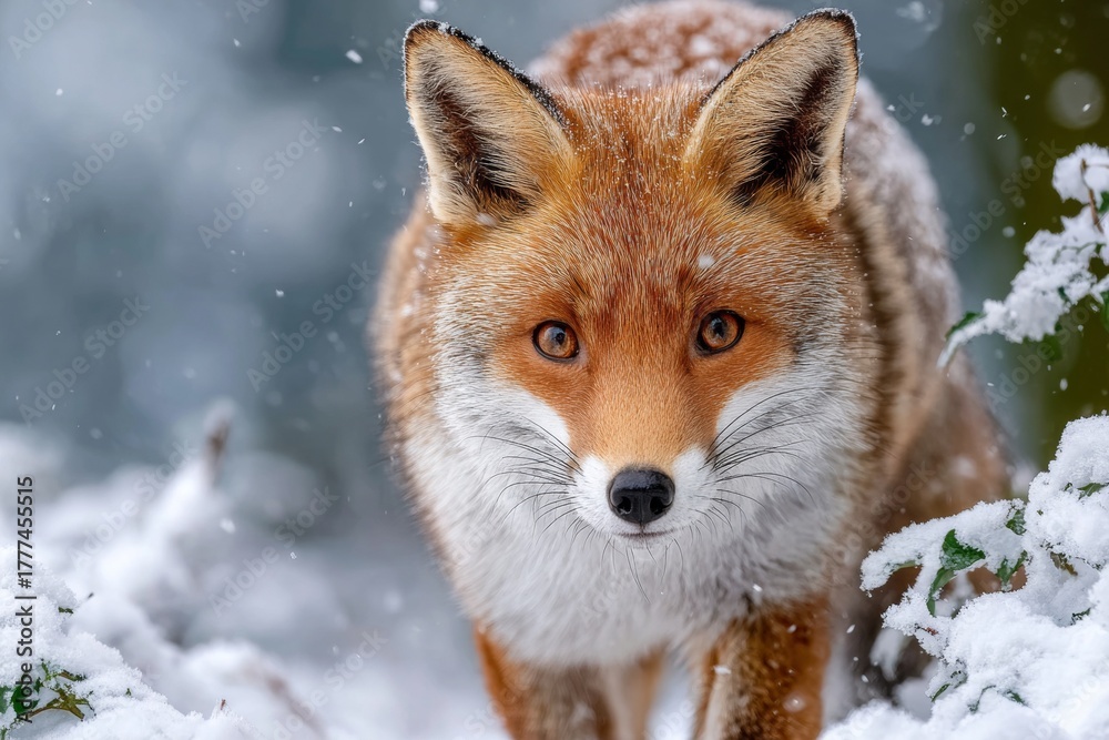Obraz premium Majestic Red Fox Gracefully Striding Through a Serene Snow-Covered Wilderness Landscape