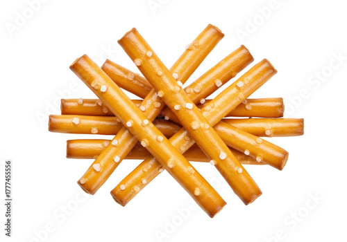 Isolated pile of salted pretzel sticks ready to eat, a tasty, crunchy snack food item