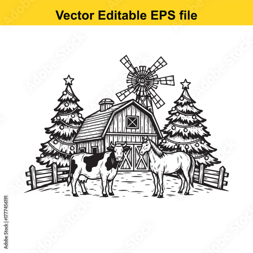 Farm scene with a cow and a horse standing in front of a barn with a windmill and trees