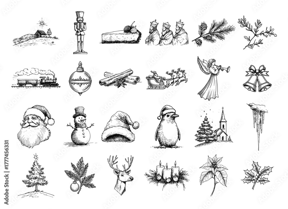 Obraz premium Christmas Hand Drawn Sketch Icon Set Vector Holiday and Winter Doodle Elements