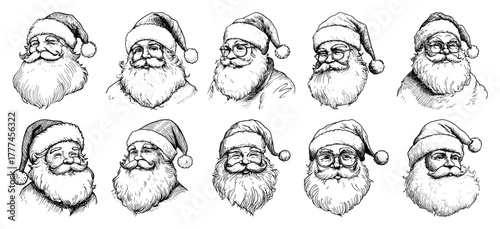 Vintage Santa Claus Portraits – Hand-Drawn Christmas Vector Sketch Set