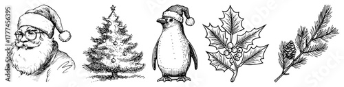 Christmas Hand Drawn Doodle Set with Santa Penguin and Holly Vector Vintage Sketch Illustration