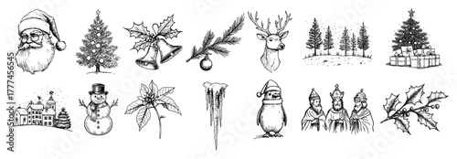Big Christmas Doodle Icon Set Hand Drawn Vector Sketch Illustrations with Santa Reindeer and Snowman