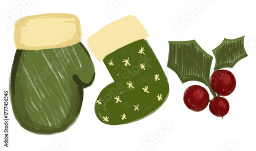 Winter mittens and stockings with holly decorations for holidays