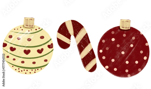 Colorful holiday ornaments and candy cane for festive decoration