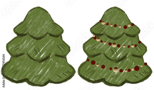 Christmas tree illustration showing decorated and undecorated versions