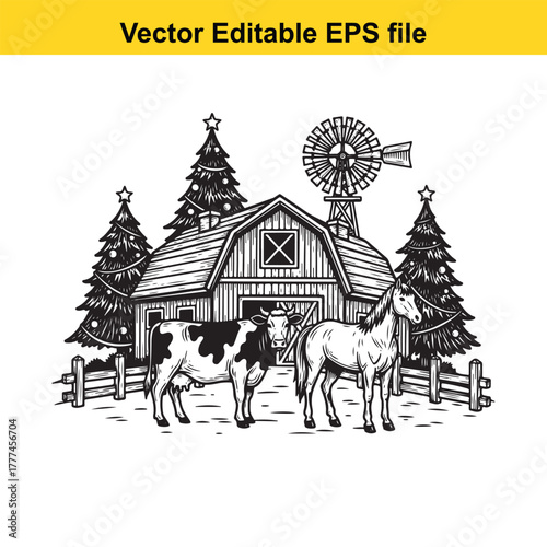 A farm scene with a barn, windmill, christmas trees, a cow, and a horse