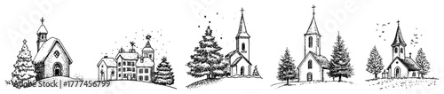 Winter Village Scene Hand Drawn Sketch Set Vector Christmas Landscape with Church and Town