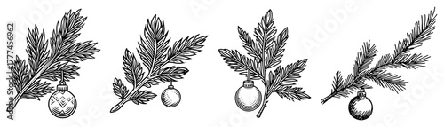 Christmas Tree Branch with Ornament Hand Drawn Vector Set Pine Twig Sketch Illustrations