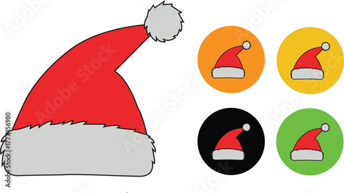 Festive Santa Hat with Icon Set: A charming Santa hat with a fluffy pom-pom and trim sits beside four colorful circular icons, evoking the holiday spirit