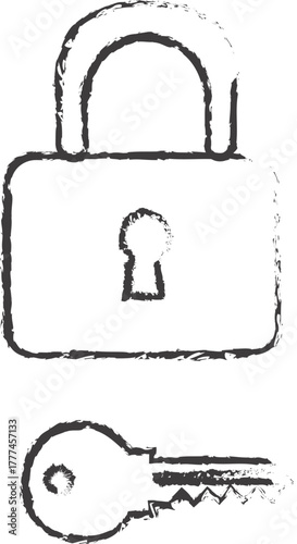 Security Essentials: A minimalist sketch of a classic padlock and key, symbolizing protection and safeguarding valuable assets.