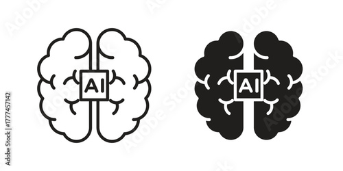 AI brain icon flat and thin stroke vector pack. Editable icons set