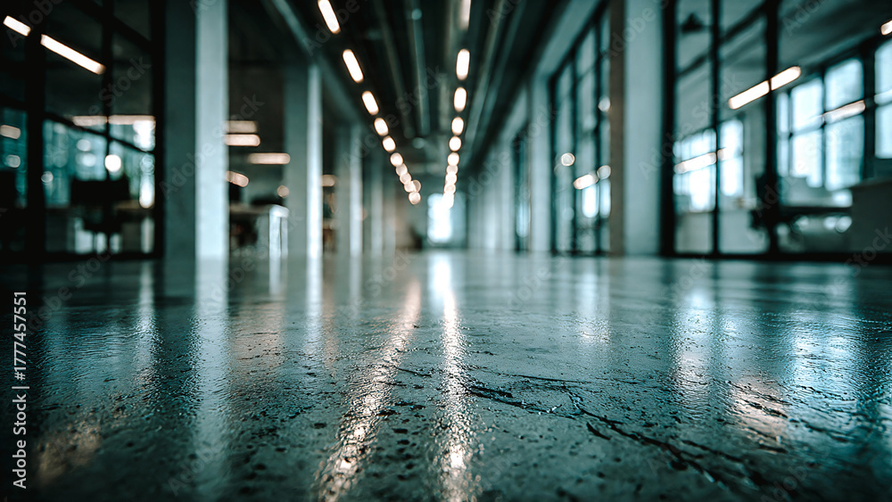 Fototapeta premium Bureaux avec sol béton, vue au ras du sol