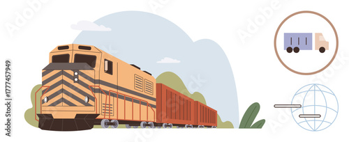 Freight train moving on rails, shipping truck icon, and globe with arrows symbolizing global logistics. Ideal for transport, shipping, freight, supply chain, logistics, trade global connection
