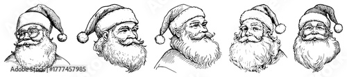 Hand Drawn Santa Claus Portraits Vintage Christmas Vector Sketch Faces Set