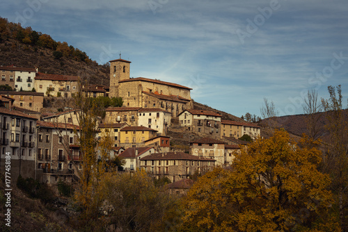 Villoslada de Cameros in Sierra Cebollera Natural Park, Cameros, La Rioja, Spain. Autumn season. Route of the Waterfalls of Puente Ra.