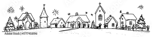 Hand Drawn Christmas Village Street Skyline Winter Houses And Church Vintage Vector Sketch