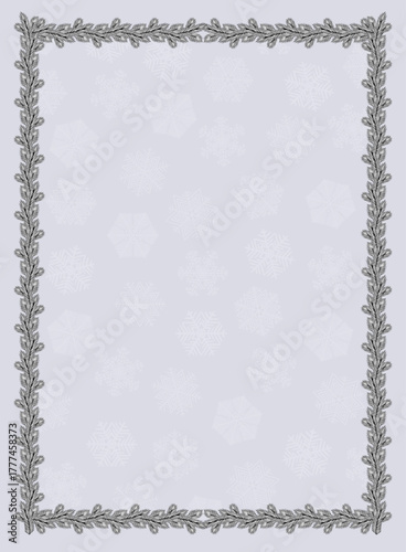 Isolated Christmas frame of silver tree branches on a snowflake background. Suitable for cards, invitations, notepads, notebooks and posters. Vector illustration.