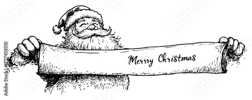 Santa Claus Holding Merry Christmas Banner Hand Drawn Vintage Vector Illustration