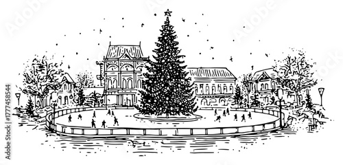 Hand Drawn City Square Christmas Tree With Ice Rink Vintage Winter Town Vector Sketch