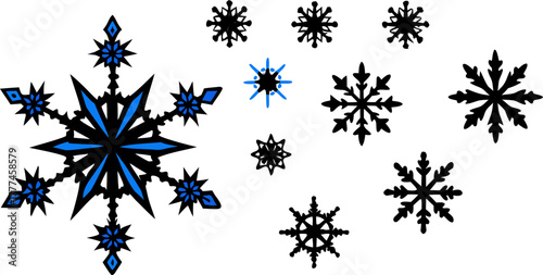 A collection of stylized blue snowflakes against a stark white background. The snowflakes vary in size and complexity, ranging from smaller, simpler six-pointed stars to larger, more intricate designs