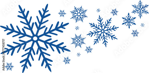 A collection of stylized blue snowflakes against a stark white background. The snowflakes vary in size and complexity, ranging from smaller, simpler six-pointed stars to larger, more intricate designs