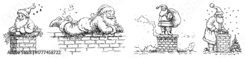 Santa Claus on Chimney Hand Drawn Christmas Scenes Vector Set