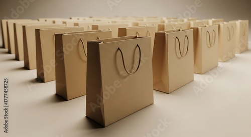 Rows of Simple Brown Paper Gift Bags on White Surface.