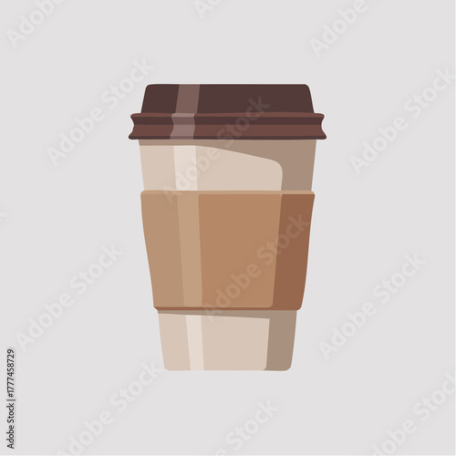 Illustration of a disposable coffee cup with a brown lid and sleeve on a light background.