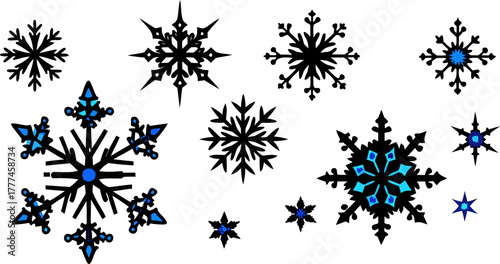 A collection of stylized blue snowflakes against a stark white background. The snowflakes vary in size and complexity, ranging from smaller, simpler six-pointed stars to larger, more intricate designs