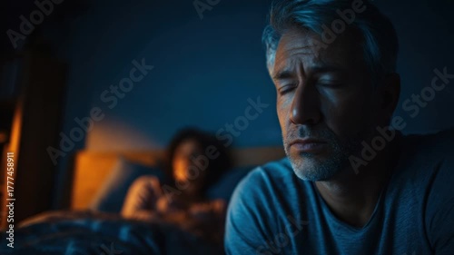 A man stares with a sad expression, with a blurred figure of a person in the background