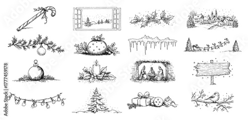 Big Christmas Doodle Icon Set Hand Drawn Vector Holiday and Winter Sketch Collection