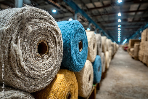 Large spools of fleece in a woolen factory.