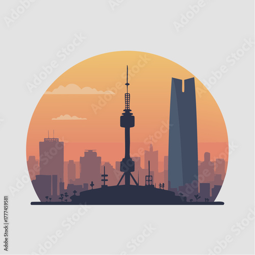 Minimalist vector illustration of a city skyline at sunset with a prominent communication tower and skyscraper.