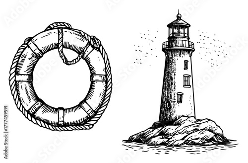 Hand Drawn Lighthouse And Lifebuoy Vintage Nautical Vector Sketch