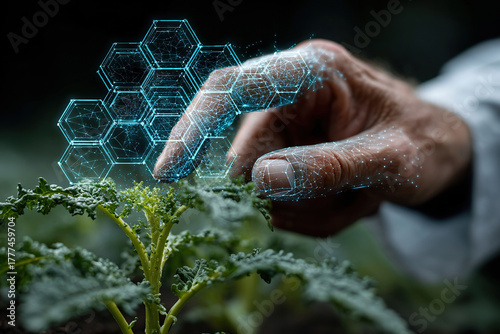 An agronomist's hand examines a plant seedling in a field, surrounded by neural networks. Future technologies in farming. Artificial intelligence in gardening.