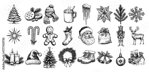 Mega Christmas Hand Drawn Sketch Icon Set Vector Holiday Doodle Collection