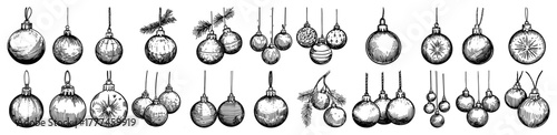 Hanging Christmas Ornaments Baubles Collection Hand Drawn Holiday Vector Set