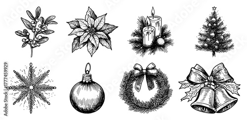 Classic Christmas Elements Set Hand Drawn Vintage Holiday Vector Sketch
