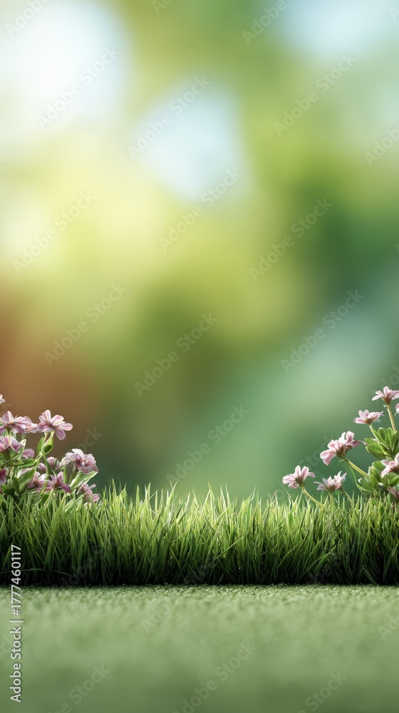 Obraz premium Lush green grass and vibrant pink flowers flourishing in a spring garden, set against a softly blurred background, create a lively and natural atmosphere perfect for outdoor beauty