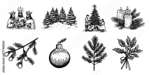 Christmas Holiday Hand Drawn Sketch Icon Set Vector Vintage Doodle Collection