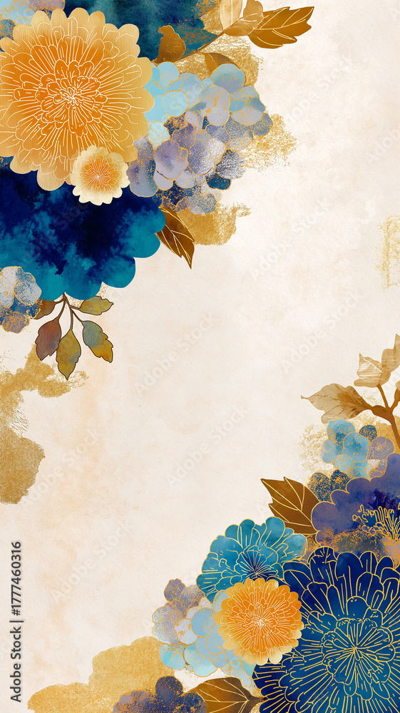 Fototapeta premium 新年を彩る華やかな和柄デザイン背景・和風フレーム・伝統模様・金色装飾・筆タッチ・水彩テクスチャ・年賀・正月・縦構図素材