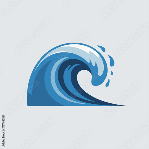 A stylized illustration of a powerful blue ocean wave curling and splashing, depicted against a light background.
