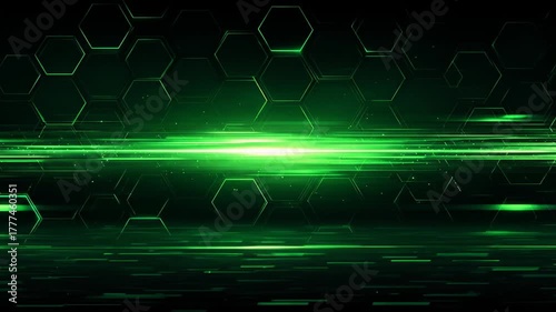 A vibrant, neon green digital background, featuring hexagonal patterns and glowing light effects on dark