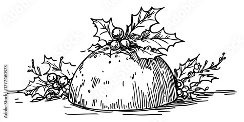 Christmas Pudding with Holly Hand Drawn Vintage Vector Sketch