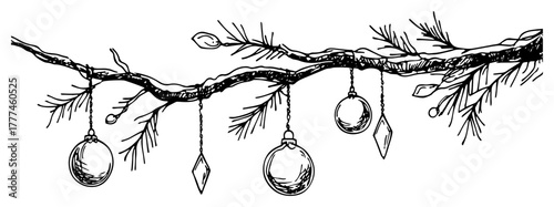 Hand Drawn Fir Branch Garland With Hanging Ornaments Vintage Christmas Vector Border