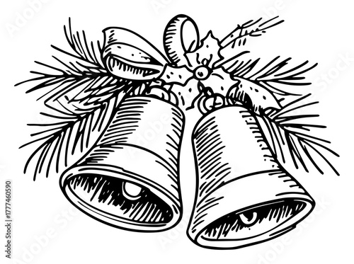 Christmas Jingle Bells Hand Drawn Sketch Vector Holiday Decoration with Holly and Pine